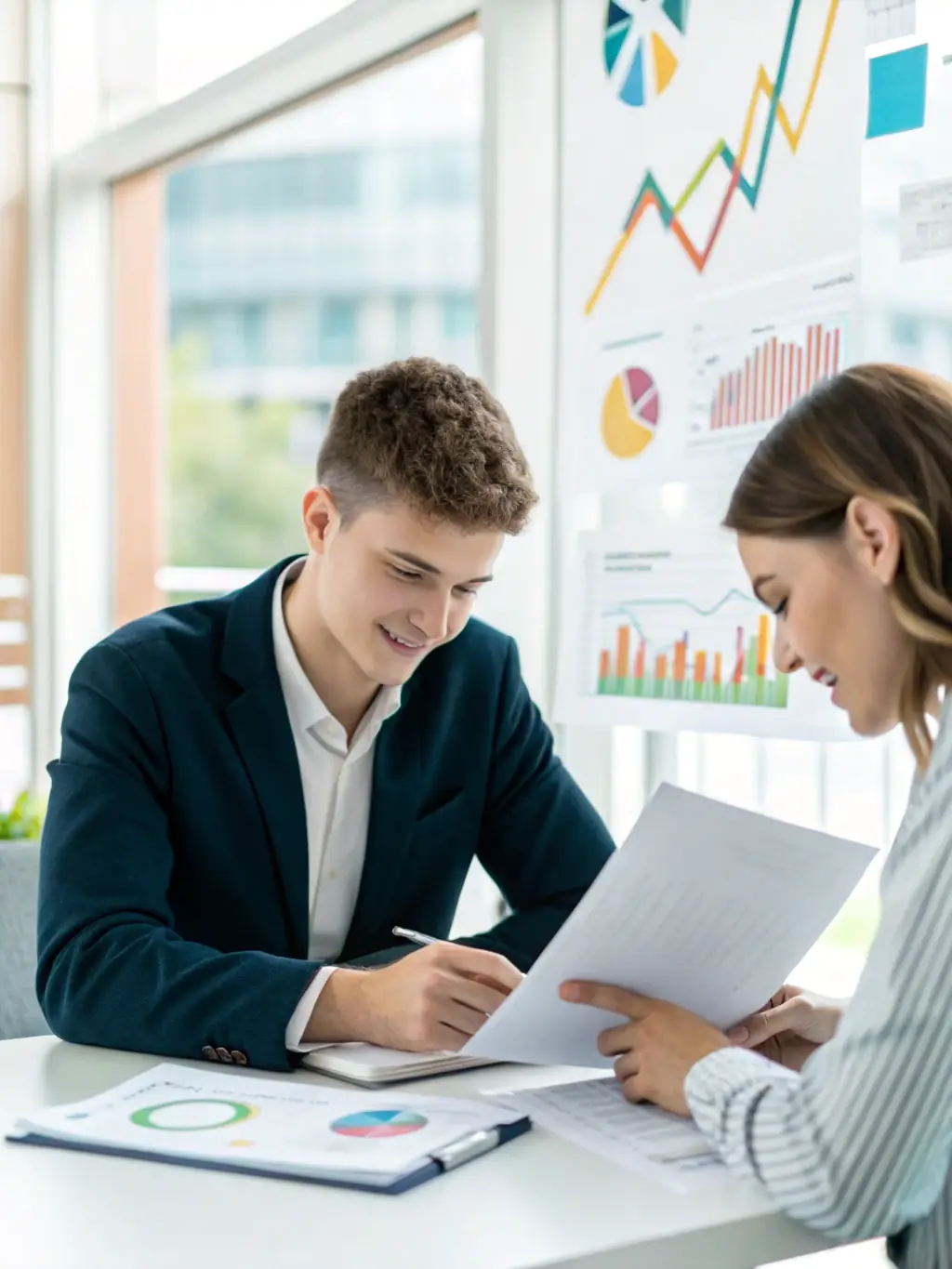 A person sitting at a desk, reviewing financial documents with a coach, both smiling and engaged in a positive discussion about personal finances.