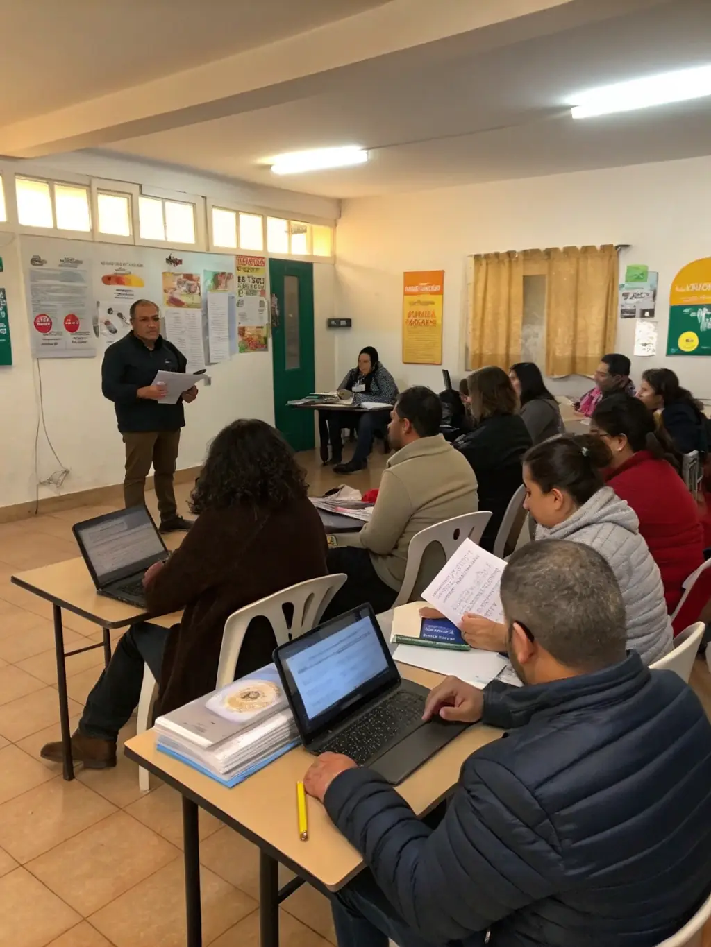 A diverse group of people participating in a financial literacy workshop, actively listening to a speaker and taking notes, representing learning and engagement.
