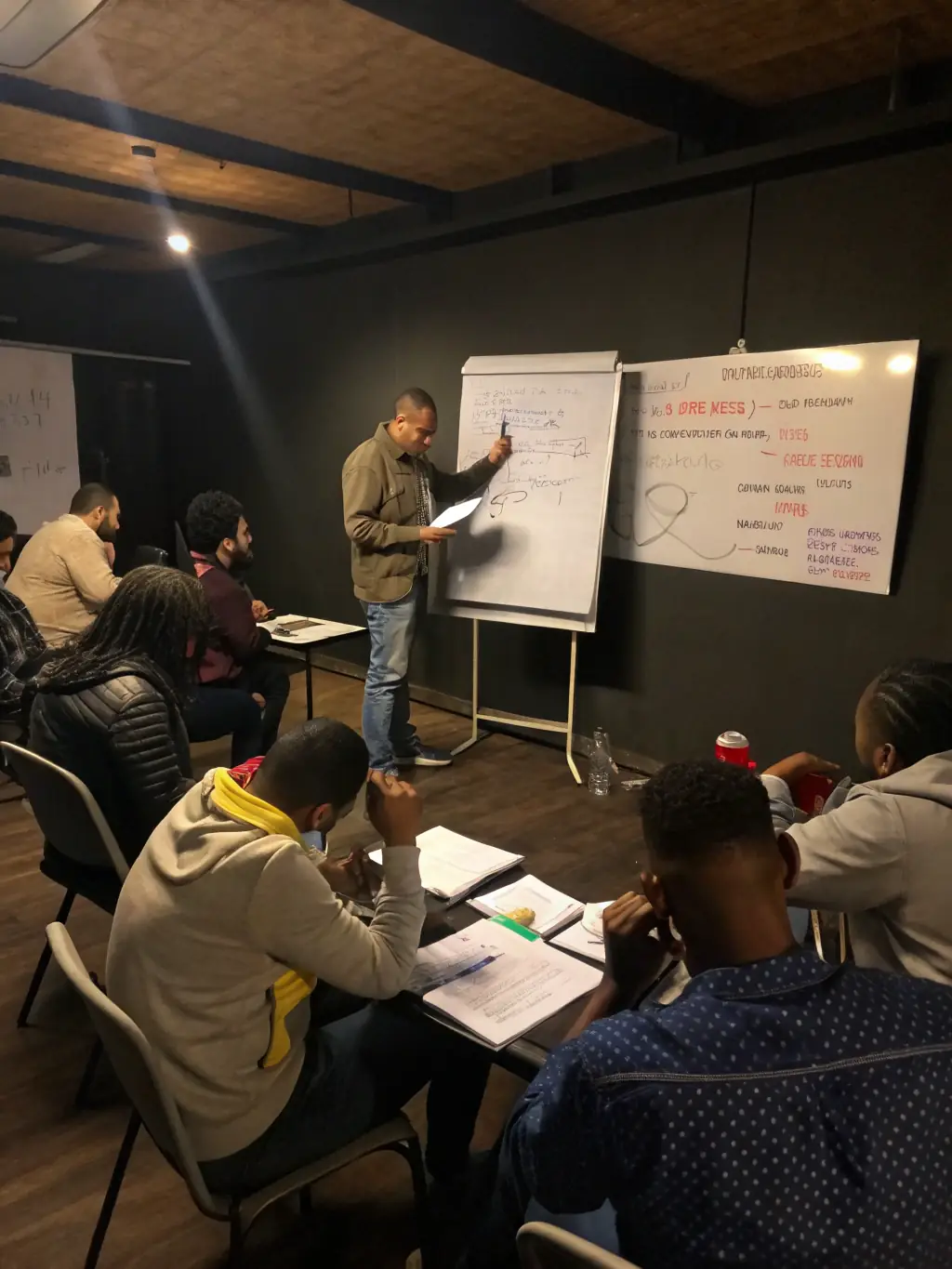 A group of people participating in a financial literacy workshop, actively engaged in learning.