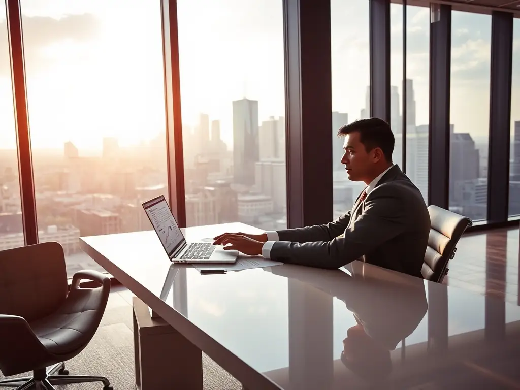 An entrepreneur reviewing financial data on a laptop in a modern office. The image emphasizes strategic financial planning for business growth.