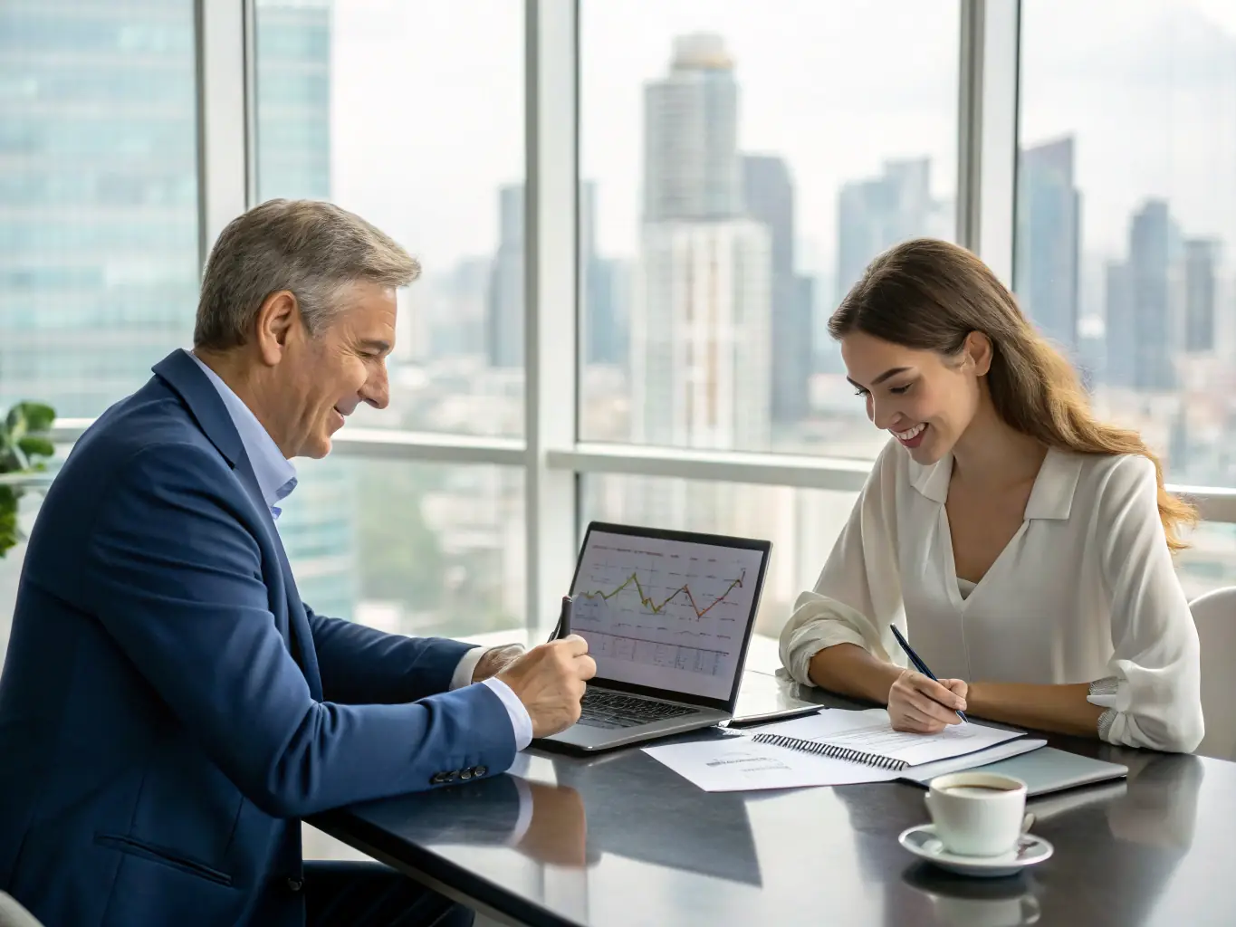 An image of a coach and client reviewing financial plans together in a bright, professional office setting, symbolizing personalized financial guidance.