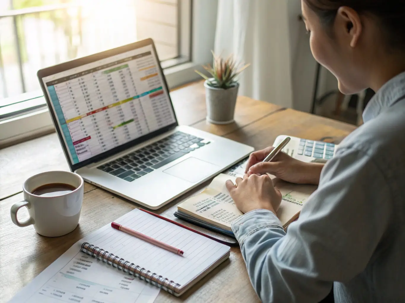 A person happily managing their budget on a laptop, surrounded by financial charts and graphs, symbolizing personal financial growth and planning.