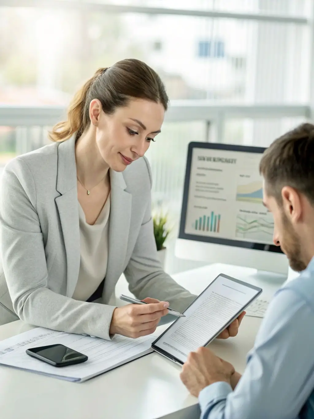 An image of a coach and client reviewing financial plans together in a bright, professional office setting, symbolizing personalized financial coaching.