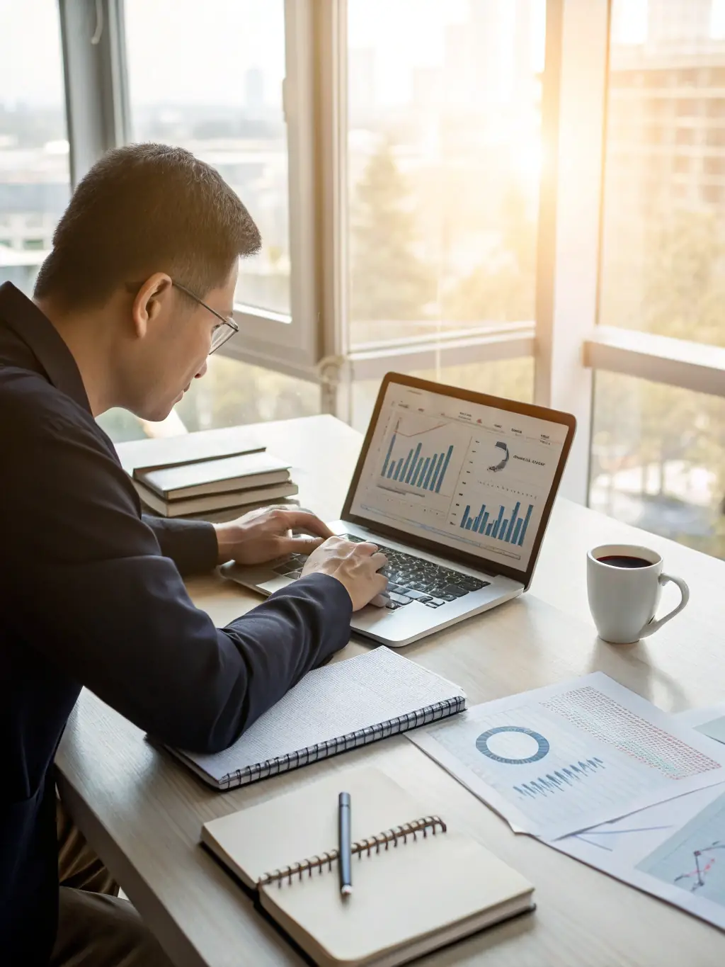 An image of a business owner reviewing financial documents with a coach in a modern office environment, representing entrepreneur financial planning.