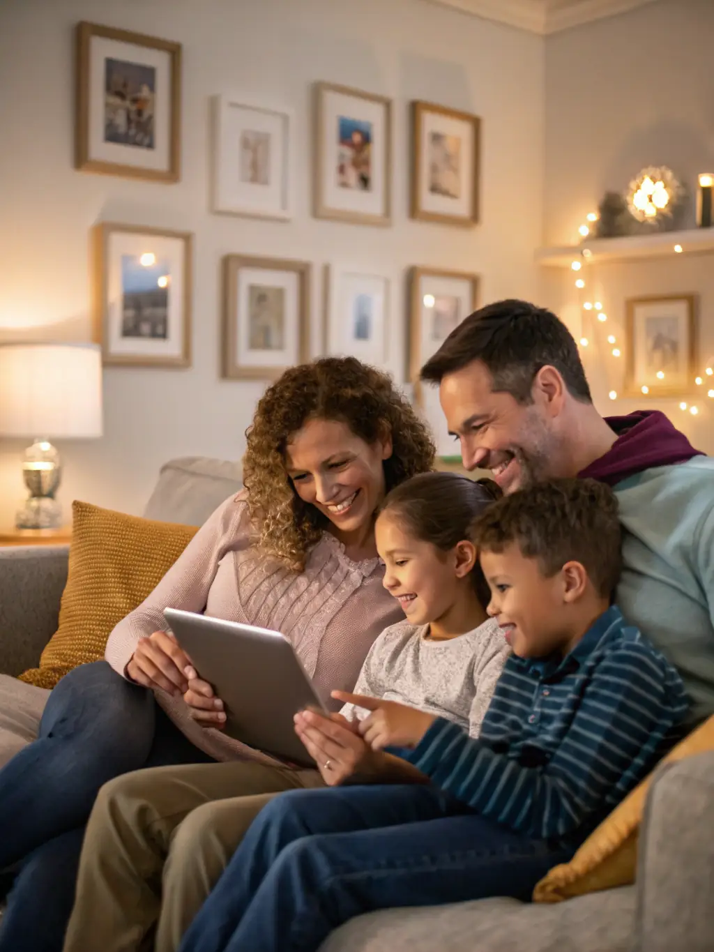 A family sitting together at home, reviewing their finances on a laptop, planning for their future with a sense of security and optimism.