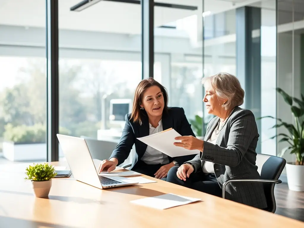 A person sitting at a desk, reviewing financial documents with a coach, in a brightly lit office setting. The scene conveys collaboration and personalized financial planning.