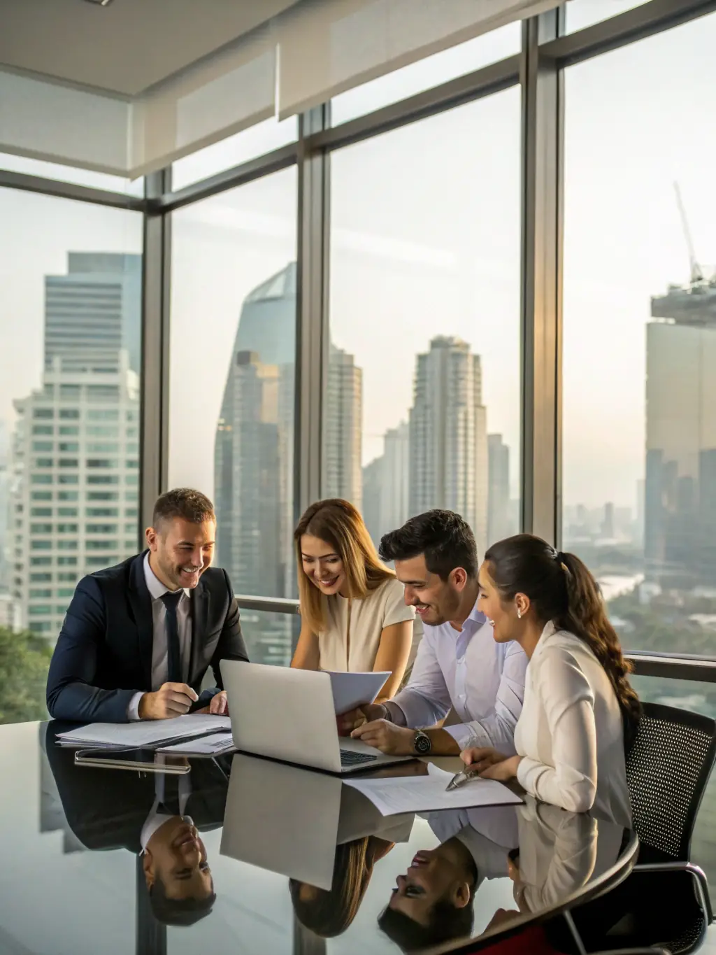 A diverse group of professionals collaborating on financial strategies in a modern office setting, representing Corporate Financial Wellness Programs.