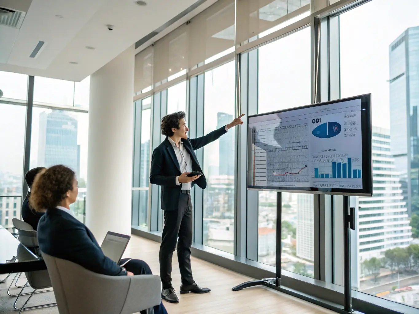 An entrepreneur confidently presenting a financial plan in a modern office setting, illustrating financial planning for business owners.