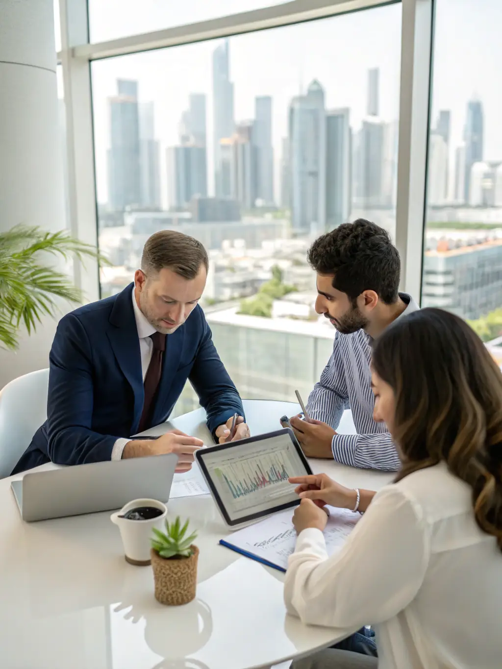 An entrepreneur in a modern office setting, reviewing financial projections on a tablet with a financial advisor, symbolizing business growth and financial planning.
